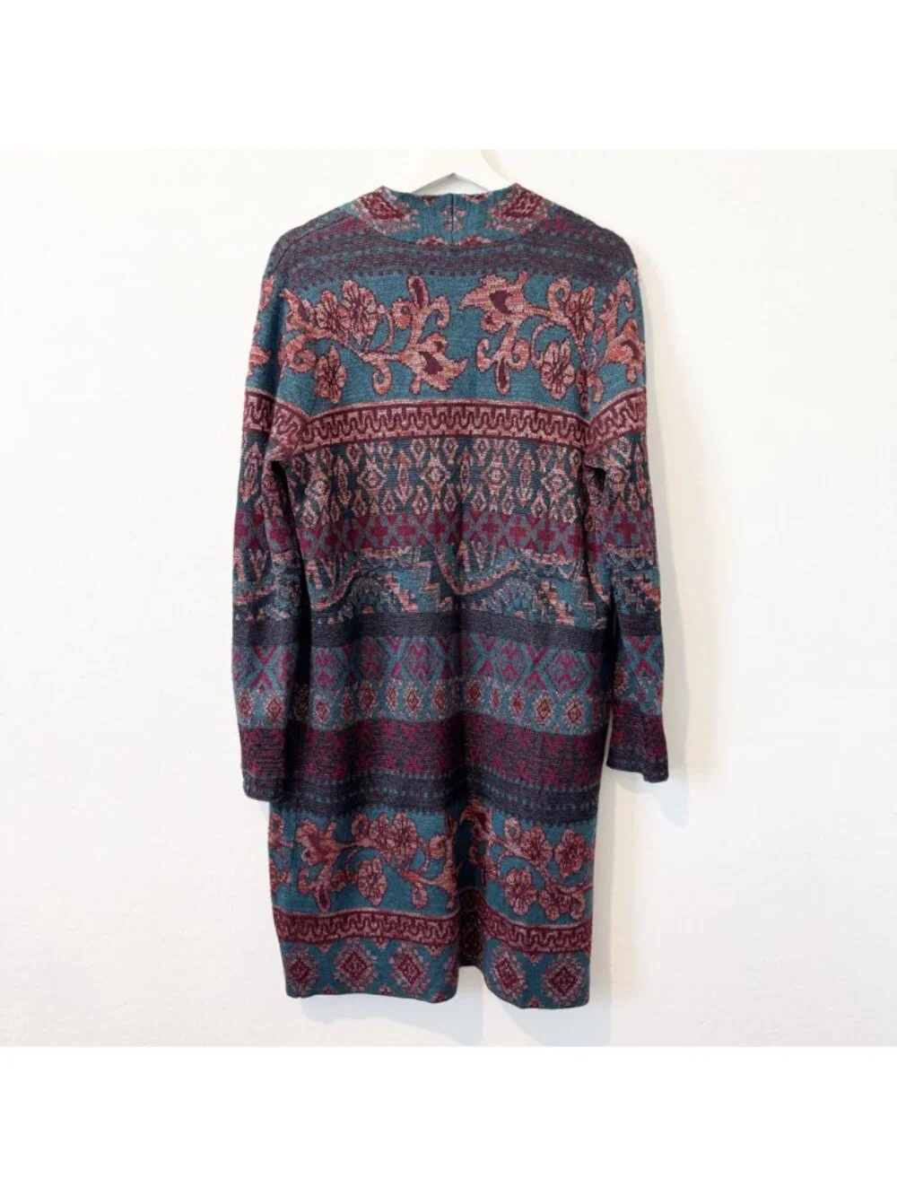 Chico’s Tapestry Jacquard Knit Duster Open‎ Front Cardigan Sweater Boho Medium